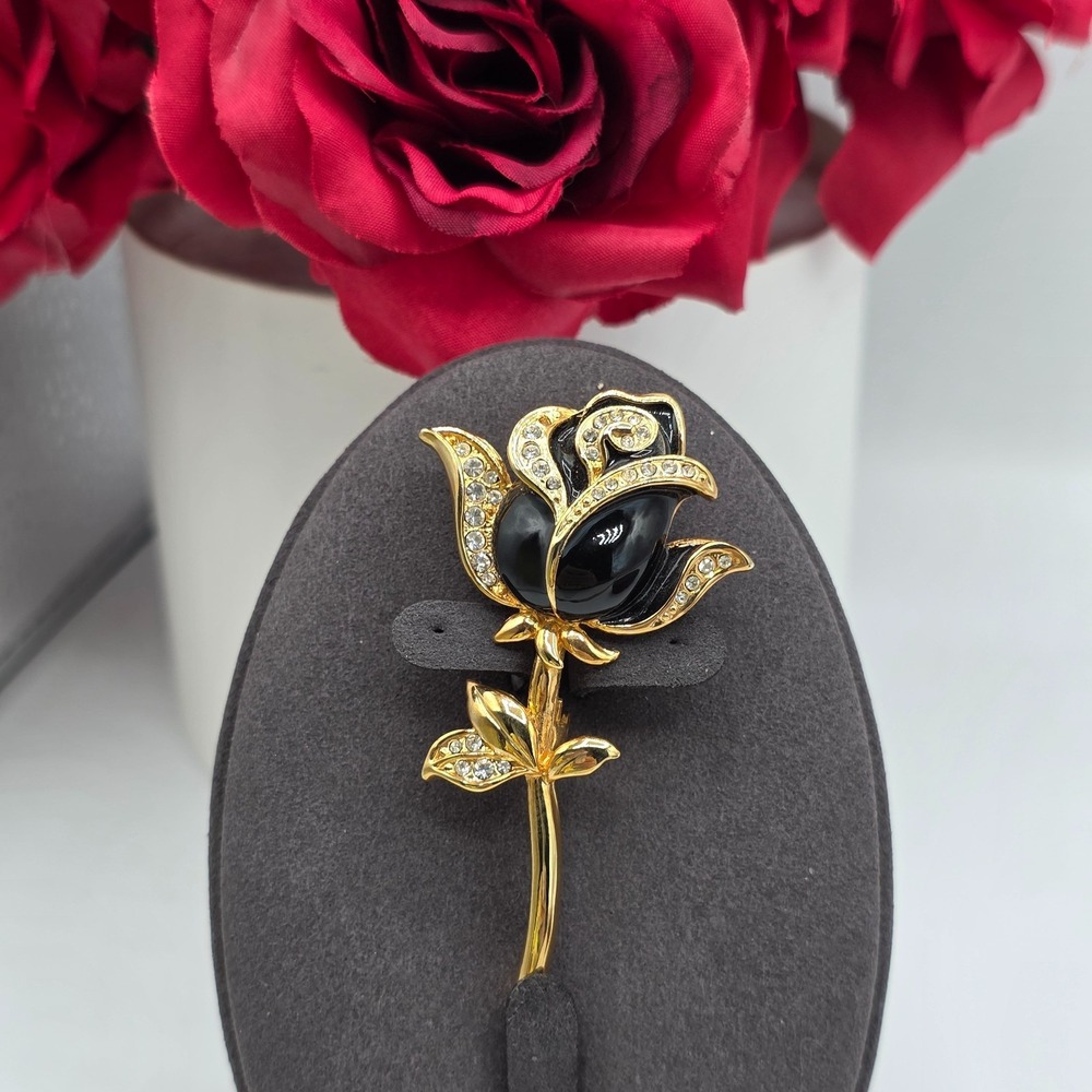 Gold Tone Black Enamel Rhinestone Rose 3D Flower Brooch Pin 2.5" Statement